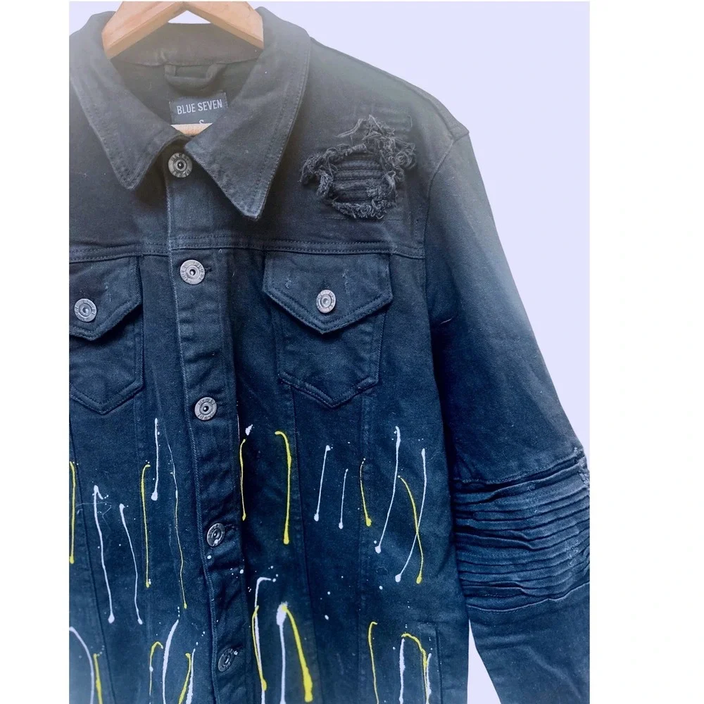 Blue Seven Mens Black Distressed Paint Drip Moto‎ Denim Trucker Jacket Small